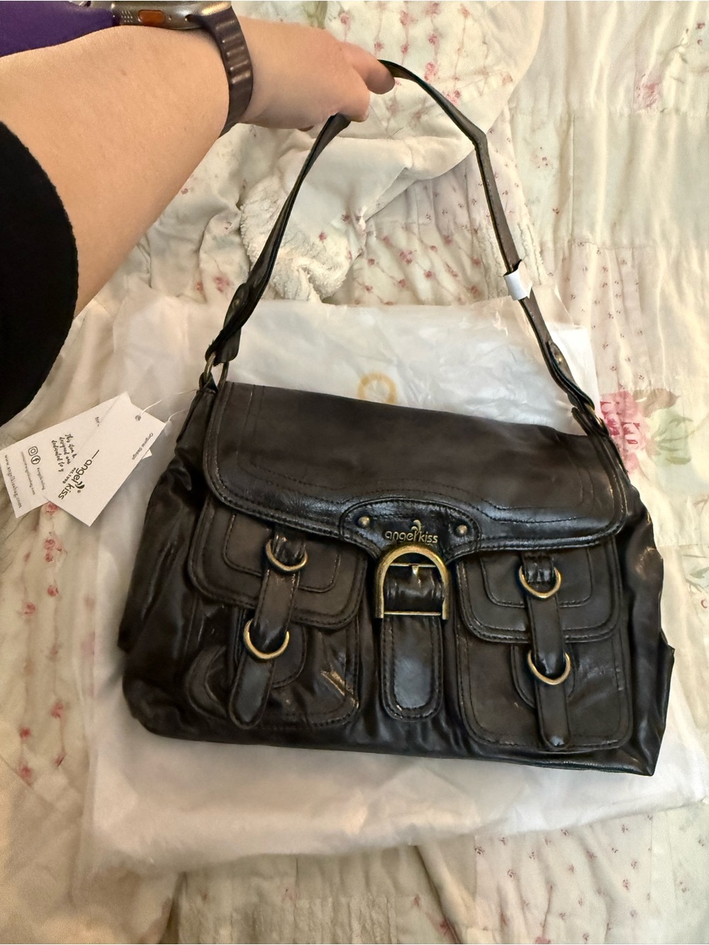 NWT Angel Kiss Black Shoulder Bag With Front Flap